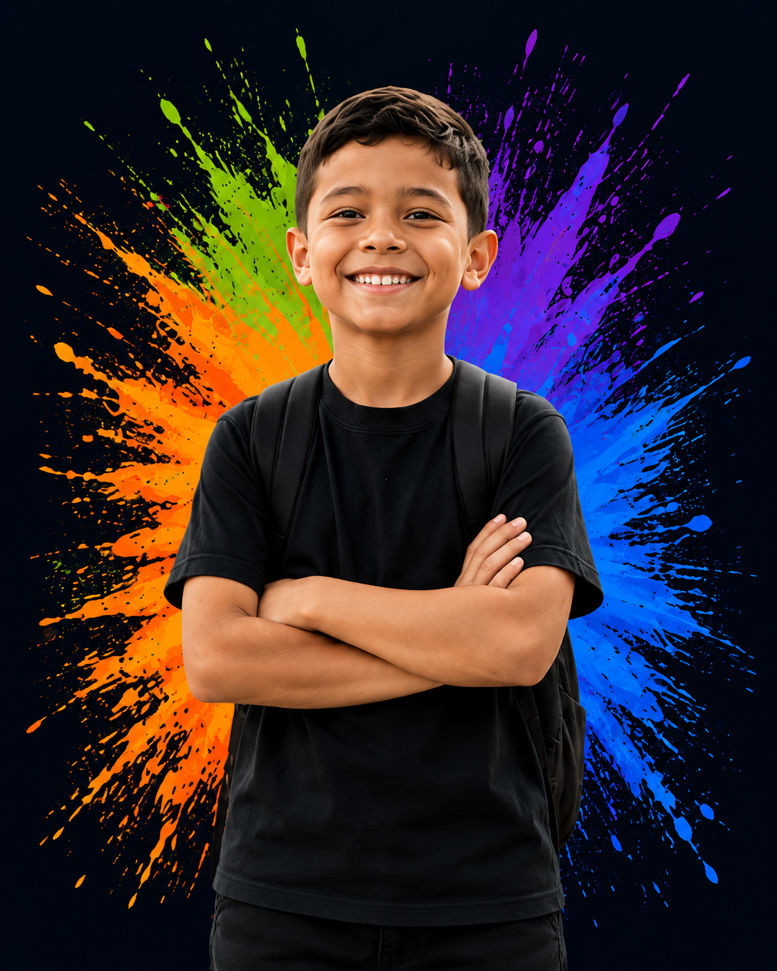 Illustration of a smiling student against colorful paint splashes